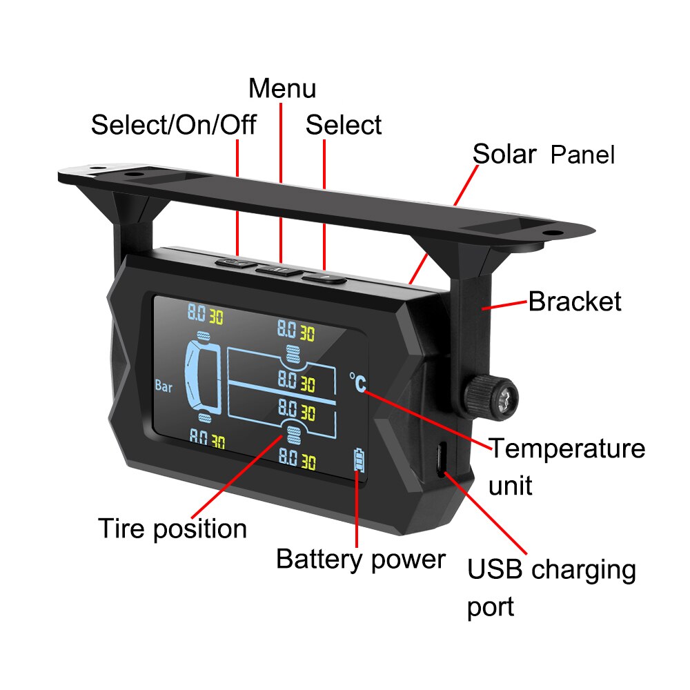 Lastbil bil dæktryk overvågningssystem tpms solopladning 6 ekstern sensor lcd display dæk diagnostiske værktøjer alarm monitor
