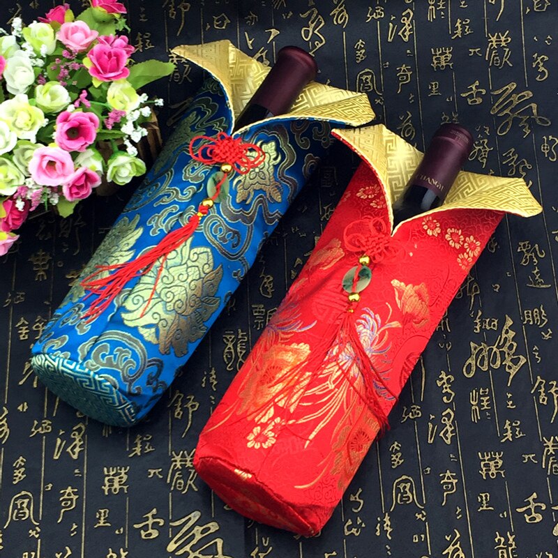 Chinese knoop kersthoes wijnfles tas tafeldecoratie wijnfles tas zijde brokaat rode wijn kleding past 750ml 10 stuks