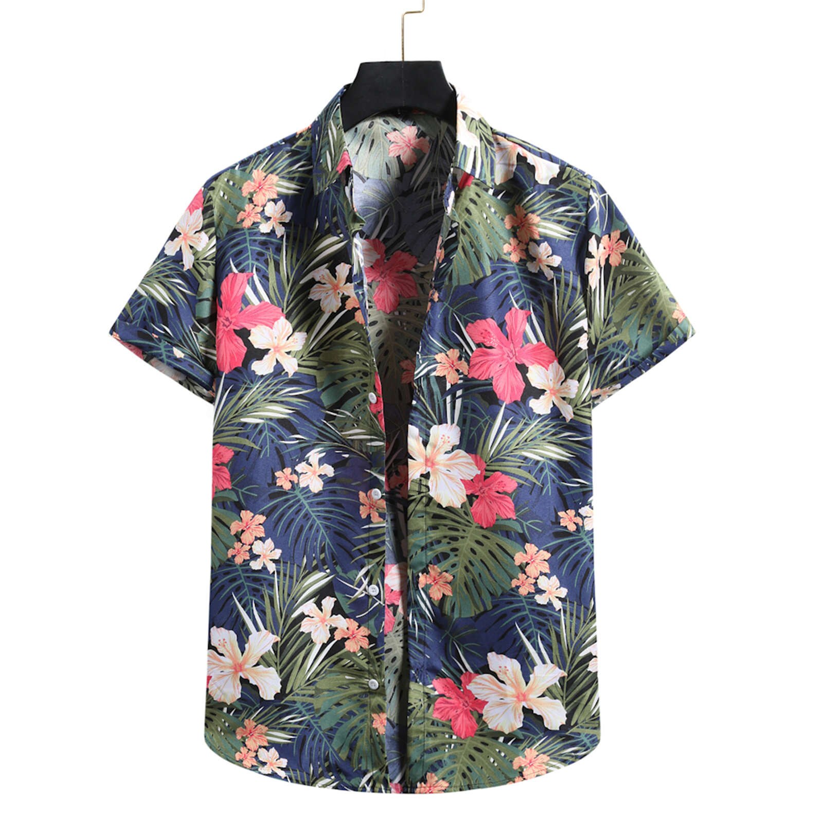 Men's Cardigan Short Sleeve Hawaiian Beach Flower Shirt Men's Turtleneck Shirt Summer Personality Shirts