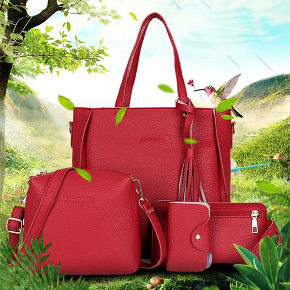 Women Ladies Leather Bags 4Pcs/Sets Handbag Messenger Tote Purse Shoulder Bags Satchel Wallets 4Pcs Solid PU Leather Wallets: Red