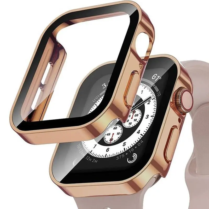 Glas + wasserdichtes Gehäbenutzen für Apfel Uhr 7, 8, 9, 45 mm, 41 mm, Displayschutzfolie, harter PC-Stoßfänger für iWatch Serie 6, 5, 4 SE 40 mm, 44 mm Abdeckung: rose gold / 4-6,9 Zoll