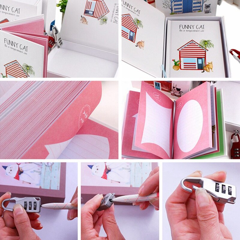 Cute Cat Diary Notebook Thicken Password Notebook with Code Lock Refillable Planner Organizer Kawaii Stationery