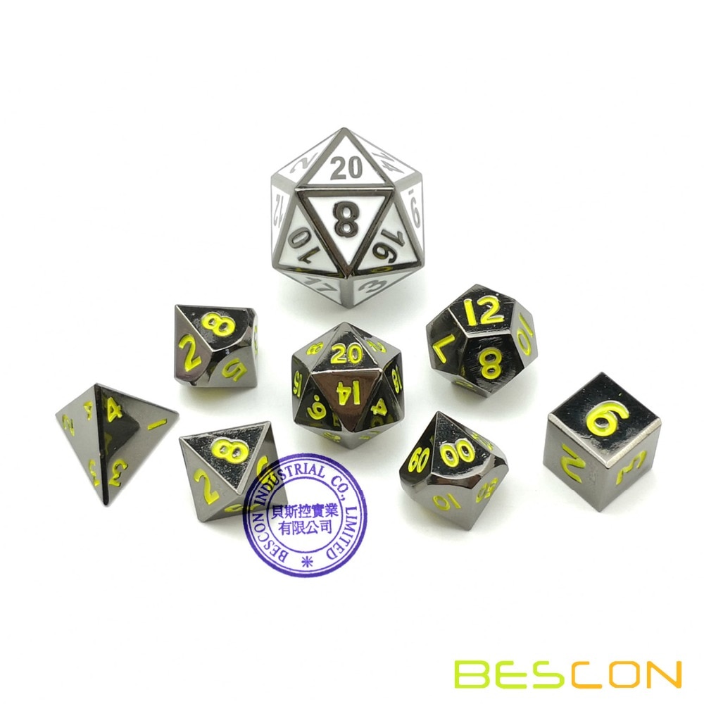 Bescon 10 MM Mini Solide Metalen Dobbelstenen Set Glossy Zwart met Gele Nummers, mini Metallic Polyhedral D & D RPG Miniatuur Dobbelstenen 7-sets