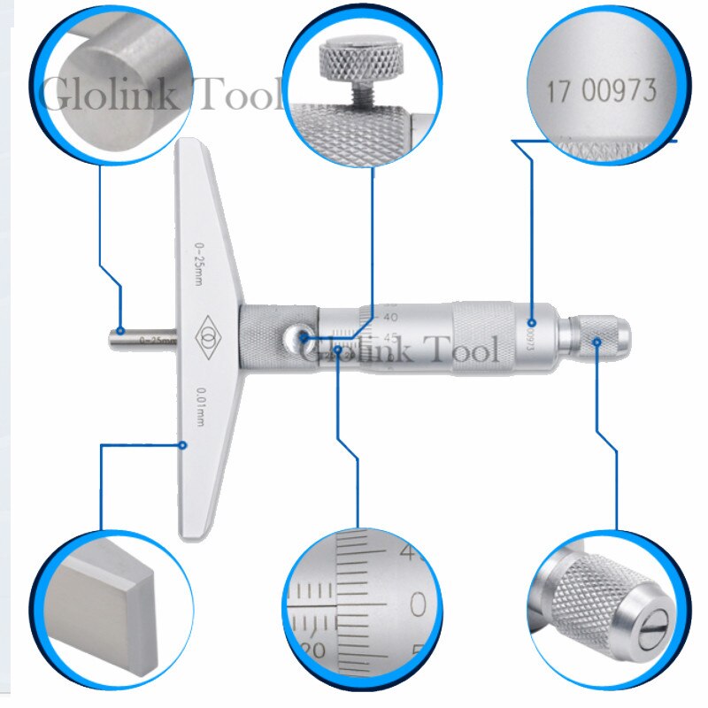 Djup mikrometer 0-25mm 0.01mm maskinist mikrometer mätare verktyg rostfritt stål metriska mikrometer mätare