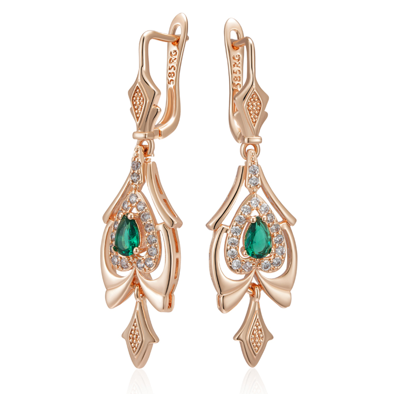 Kinel-pendientes de gota finos para mujer, Color oro rosa 585, flor de cristal, accesorios de circón Natural verde, joyería Vintage diaria: Default Title