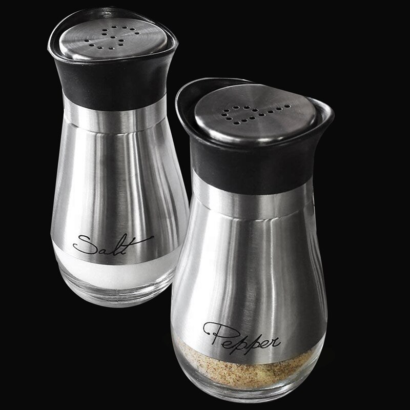 Salt and Pepper Shakers Set - High Grade Stainless Steel with Glass Bottom and 4 inch Stand - 4 inch x 6 inch x 2 inch, 4 Oz.