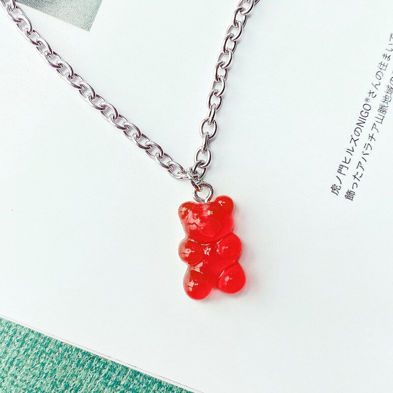 Collier en acier inoxydable fait à la main, 7 couleurs, mignon, ours de bonbons de dessin animé, pendentif de couleur bonbon, bijoux quotidiens pour femmes et filles, de fête: Red