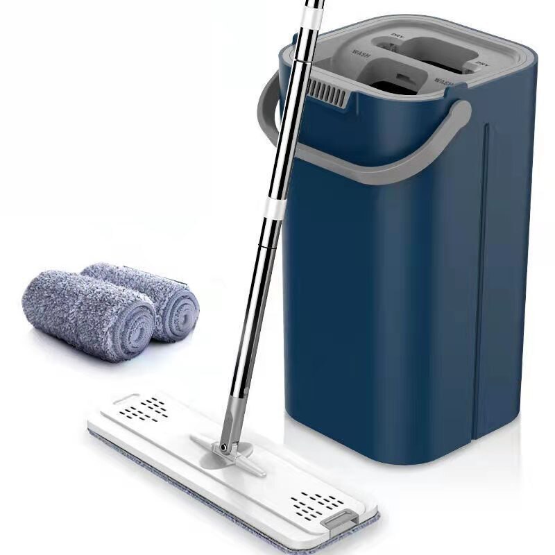 Balai serpillière plat et seau rotatif à 360 °, main libre, essorage libre, nettoyage paresseux du sol avec tampons en microfibre, utilisation humide ou sèche: 2 mop pads Blue