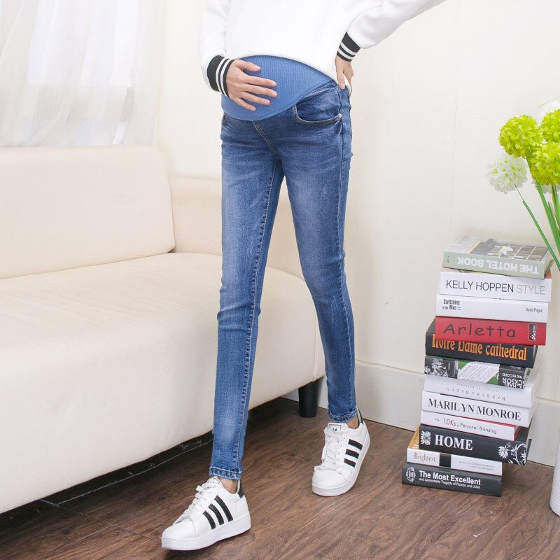 Abdominal jeans til gravide kvinder denim tynde bukser ammende barsel tøj elastisk talje graviditet bukser efterår tøj: Lyseblå / Xxl
