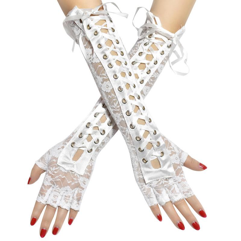 Kanten Handschoenen Sexy Kant Lange Handschoenen Winter Elleboog Lengte Half-Vinger Handschoenen Lint Vingerloze Visnet Mesh Ceremoniële Party Handschoenen: WHITE