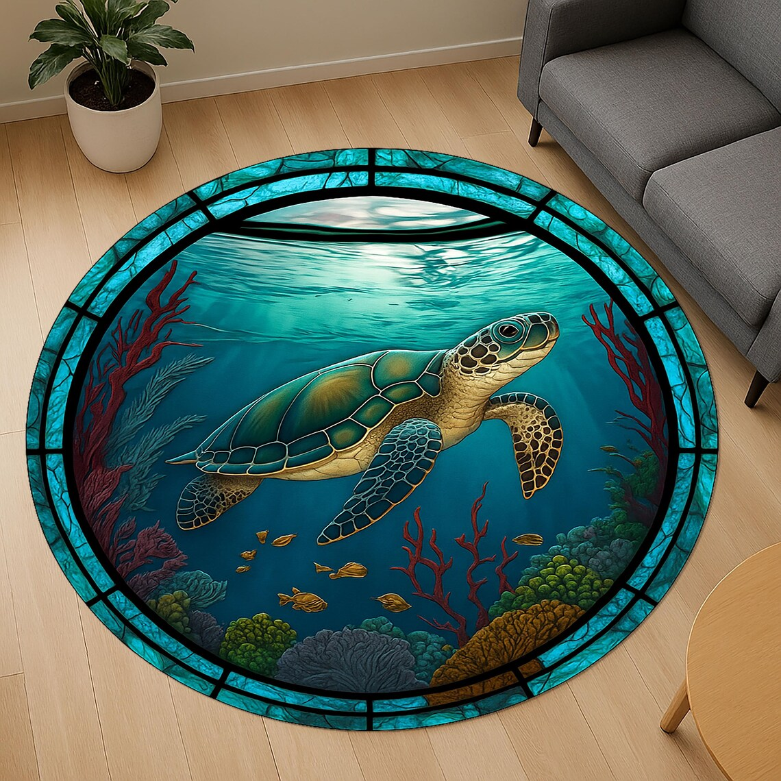 Turtle Themed Rug Ocean themed rug, Sea turtle print rug, Round rug,... – Vicedeal