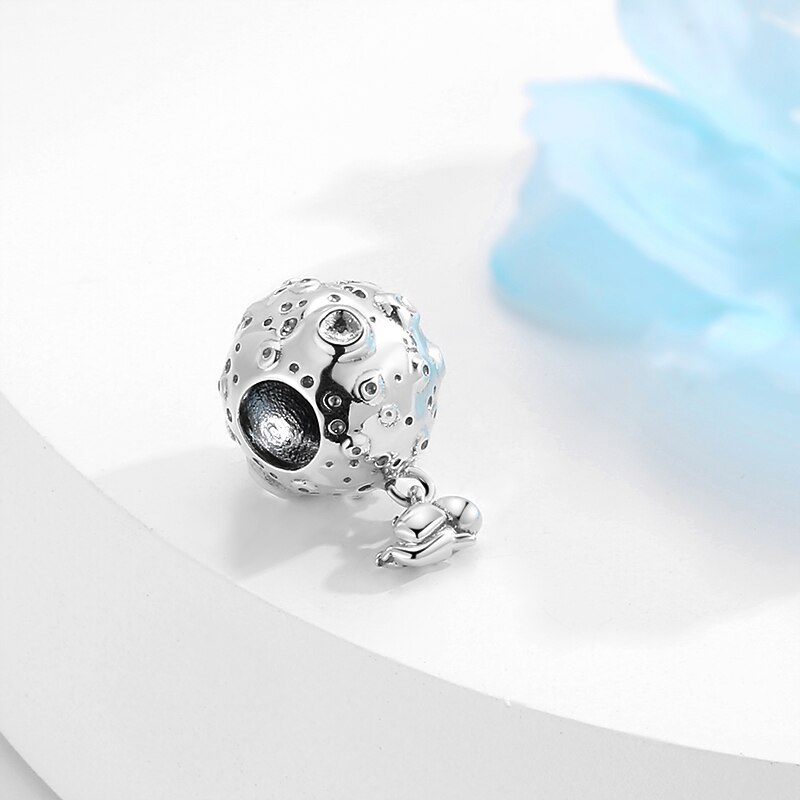 925 sterlingsølv måne og dingle astronautperler til smykker, der passer til originale charmearmbånd, fine smykker til kvinder