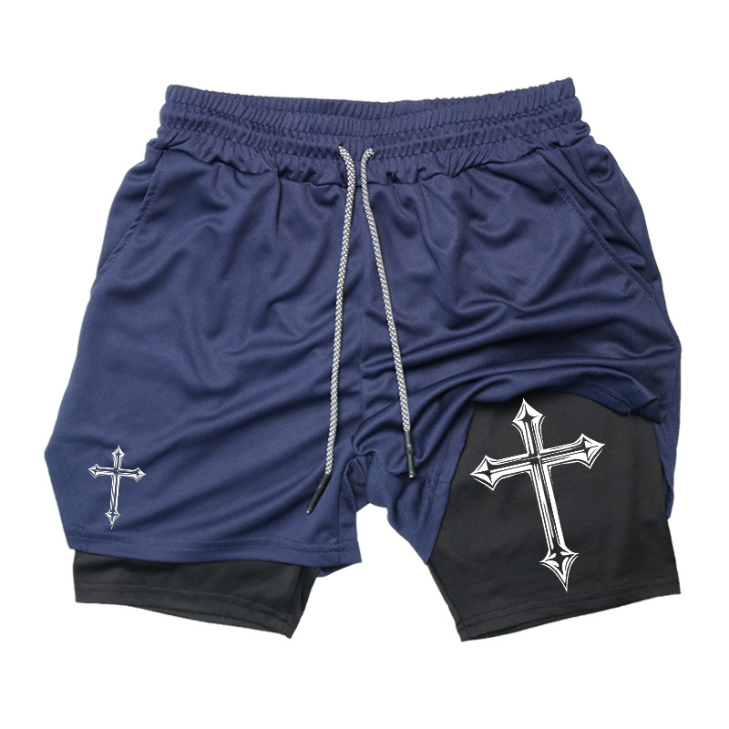 Cross Print 2 in 1 Workout Running Shorts for Men Christian Gym Athletic Shorts with Compression Liner Phone Pocket Towel Loop: M / Gold