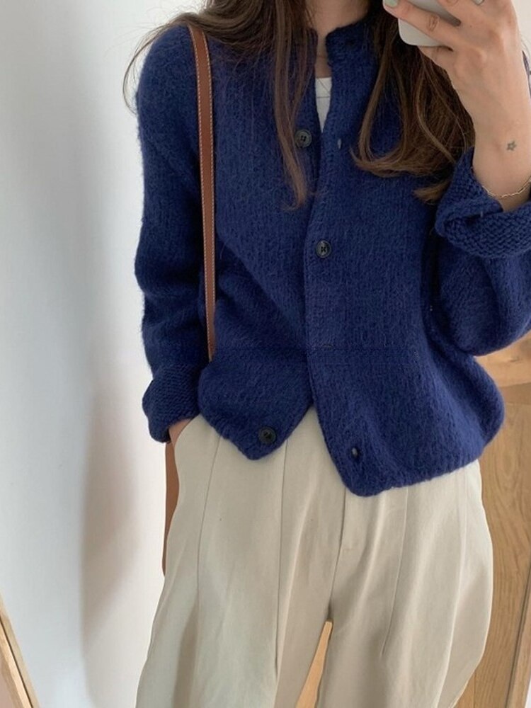 Oversize dametrøjer efterår vinter sweater vintage knapper o hals cardigans enkeltradet pufærm løs cardigan: Marine blå