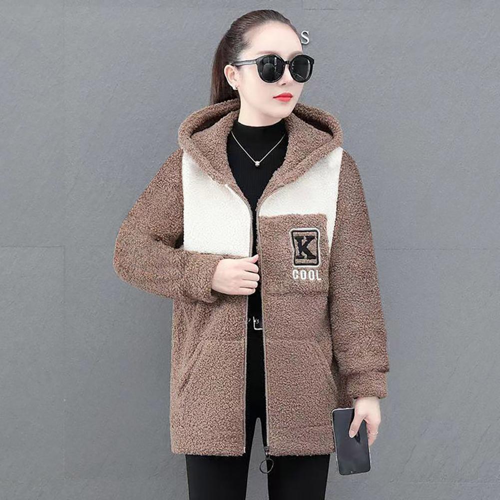 Damenjacke, Colorblock-Vlies-Kapuzenmantel mit Reißverschlusstaschen für Damen, warme Winter-Strickjacke-Jacke, mittellang, Schließfach