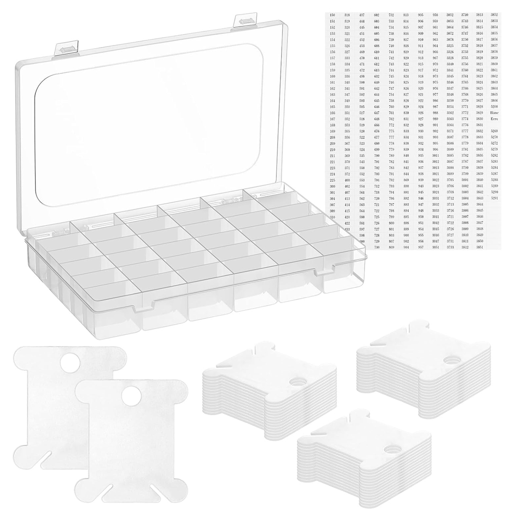 Embroidery Floss Organizer Box Set Compartments Cross Stitch Organizer Box & Plastic Floss Bobbins and Number Stickers for Sewin