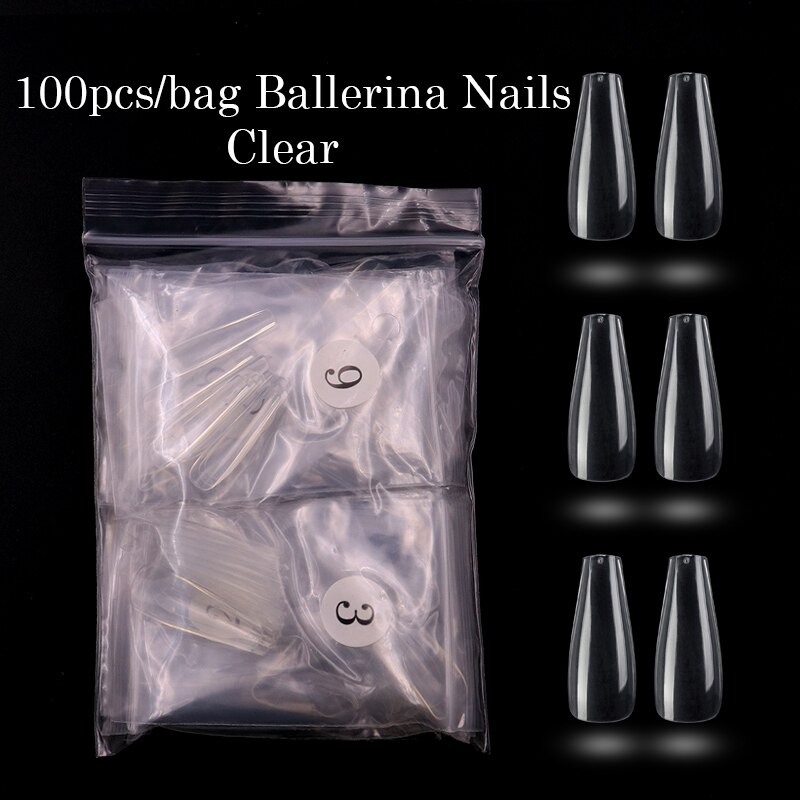 100 stk/opp lange ballerina negle kunstige kunstige negle klare/naturlige/hvide lange kiste negle spidser fuld dæksel aftagelig nail art: Klar -100 stk