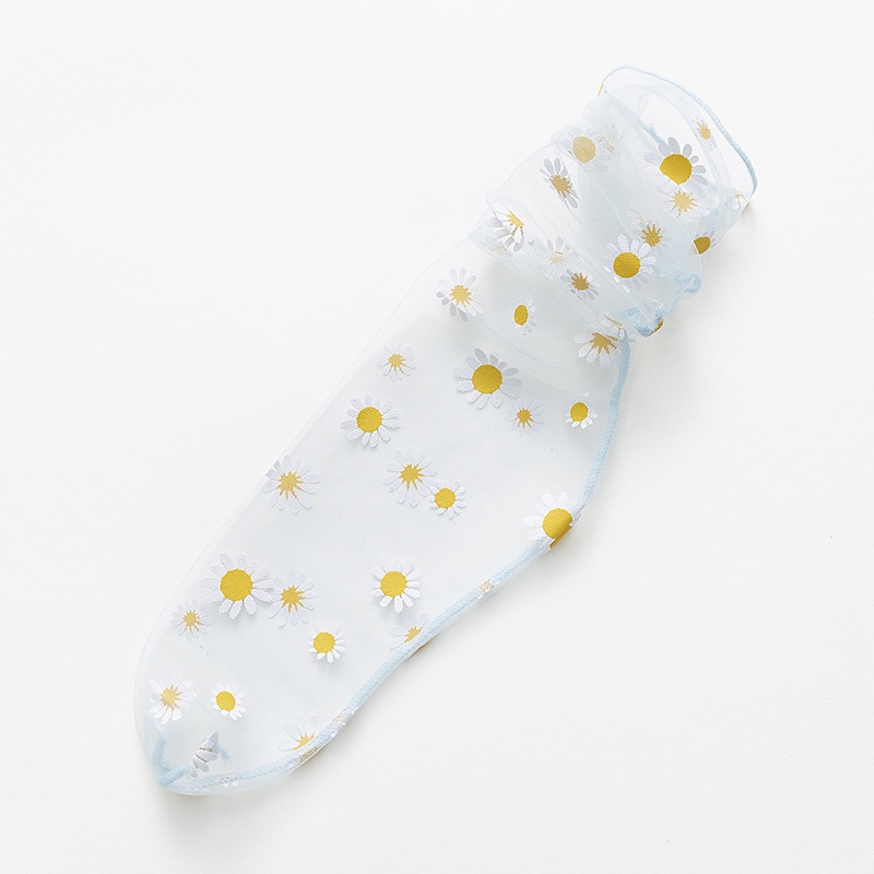 Suloiset kukkaiset naisten sukat läpinäkyvät ultraohuet päivänkakkarat sukat tytöille naisten sifonkiverkko hengittävä tylli pitkät sukat