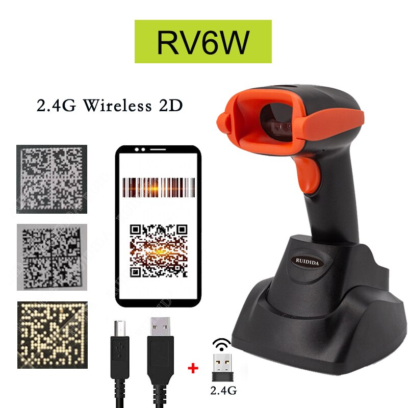 Draadloze 2d Barcode Scanner Barcode Scanner Draadloze Scanner 2D Handheld Bar Code Reader Qr Code Reader Pdf417 Scanner: RV6W Wireless W Base