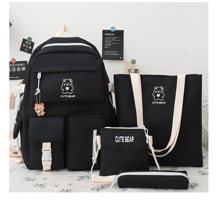 4 unids/set de lona mochilas para mujeres bolsas para la Escuela de las niñas adolescentes bolsas los estudiantes nuevos viajes mochilas para mujer mochila: Negro / Only backpack