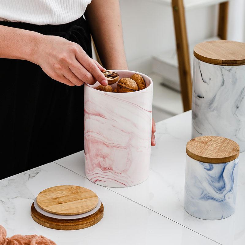 Opbevaringsflaske krukke nordisk stil marmor mønster keramisk køkken krydderi tank sæt træ dække salt shaker krydderikrukke