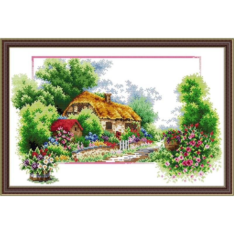Kit de broderie DMC en toile, couture chinoise, bricolage fait à la main, 14ct 11ct, vue chalet, printemps été automne et hiver