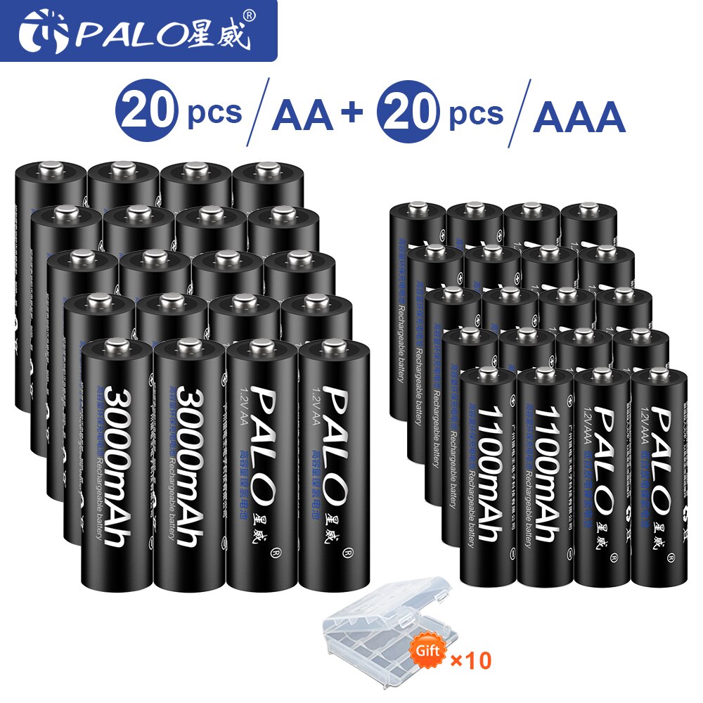 PALO 1.2V 3000mAh AA Rechargeable Battery and 1100mAh AAA Rechargeable Batteries For Toys Car 1.2V AA AAA Battery: 20 PCS AA AAA