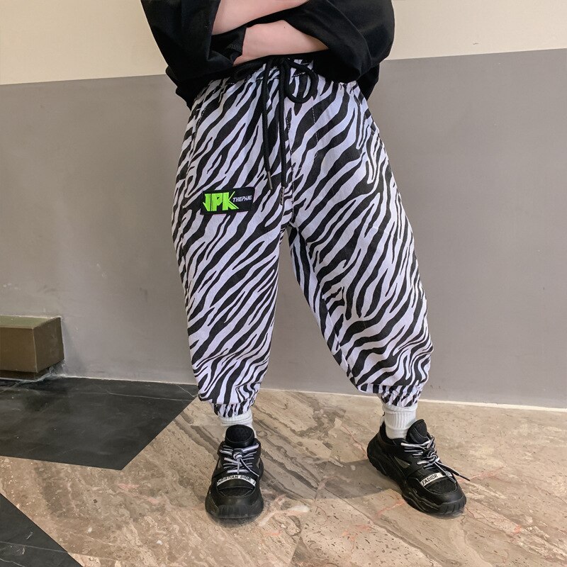 Calças casuais de meninos e crianças, estampa zebra, primavera e outono, roupas para adolescentes, esportes, em estoque