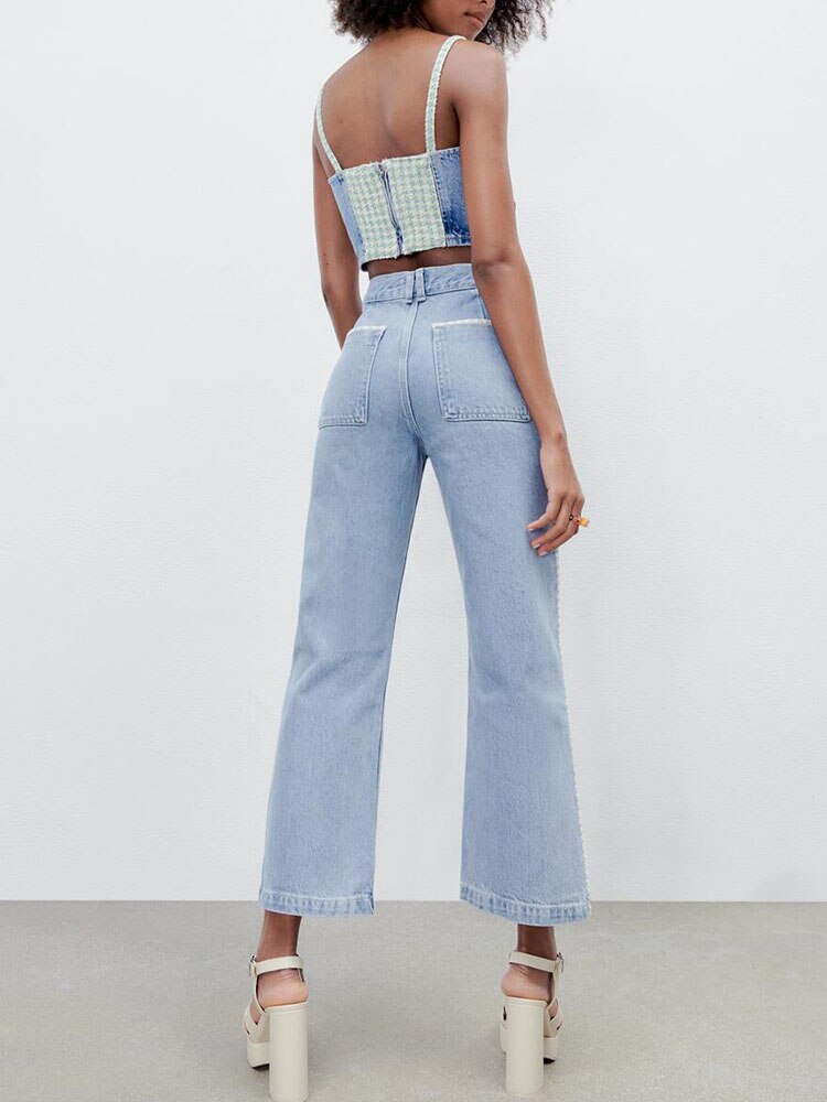 Voorjaar Vrouwen Mode Retro Alle-Wedstrijd Hoge Taille Dunne Losse Ongedwongen Pocket Wijde Pijpen Contrast Stiksels jeans