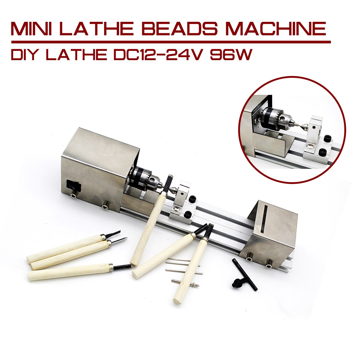 Mini Drehmaschine Perlen Maschine DC12-24V 96W Holz DIY Drehmaschine Standard einstellen mit Energie Carving Cutter Holz Drehmaschine Edelstahl fallen