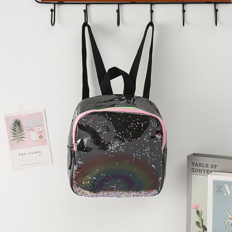 Mochila para niñas pequeñas con arco iris, mochila escolar bonita, mochila con lentejuelas brillantes para niños: Black