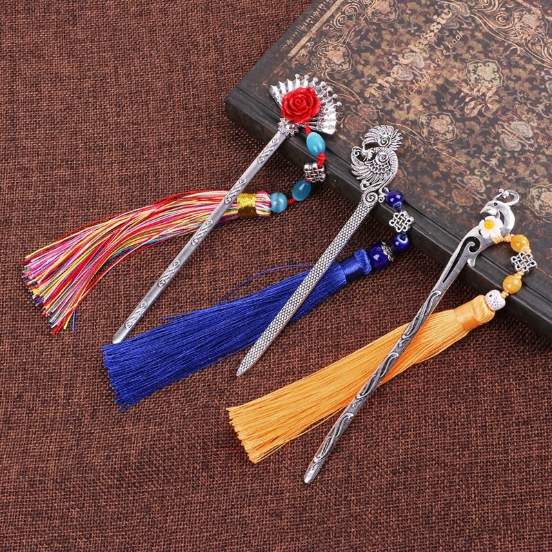 Chinese Style Vintage Classic Metal Bookmark Tassel Beads School Office Supplies P82A