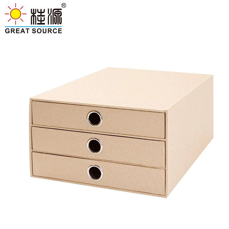 3 Layers Cabinet Cardboard Office Desk Top Organizer Home Storage 3 Drawers Cabinet Beige Faux Linen Natural Paper (2PCS): Default Title