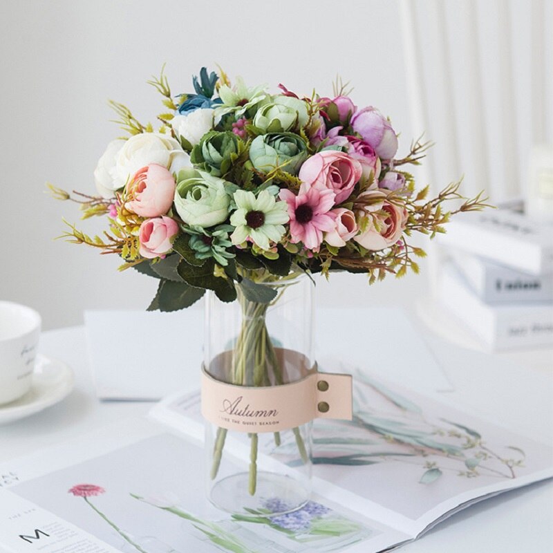 Sztuczne kwiaty róże herbaciane bukiet ślubny wazony robić dekoracji wnętrz akcesoria garnki ślubne dekoracje kwiatowe sztuczne rośliny