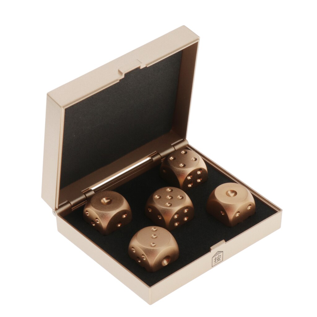 5 Pieces Alloy Six Sided 16mm 0.63" Standard Dice Die Metal Golden with Box Set