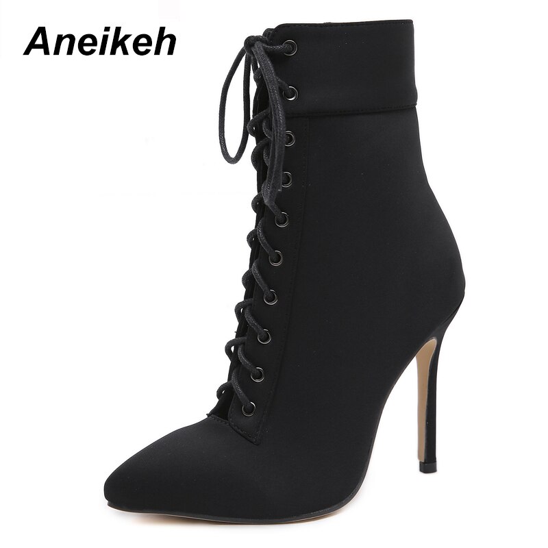 Aneikeh Boots Women Stretch Fabric Cross strap Western Pointed Toe Women's Chelsea Boots Dance High Heel Shoes: Black / 4