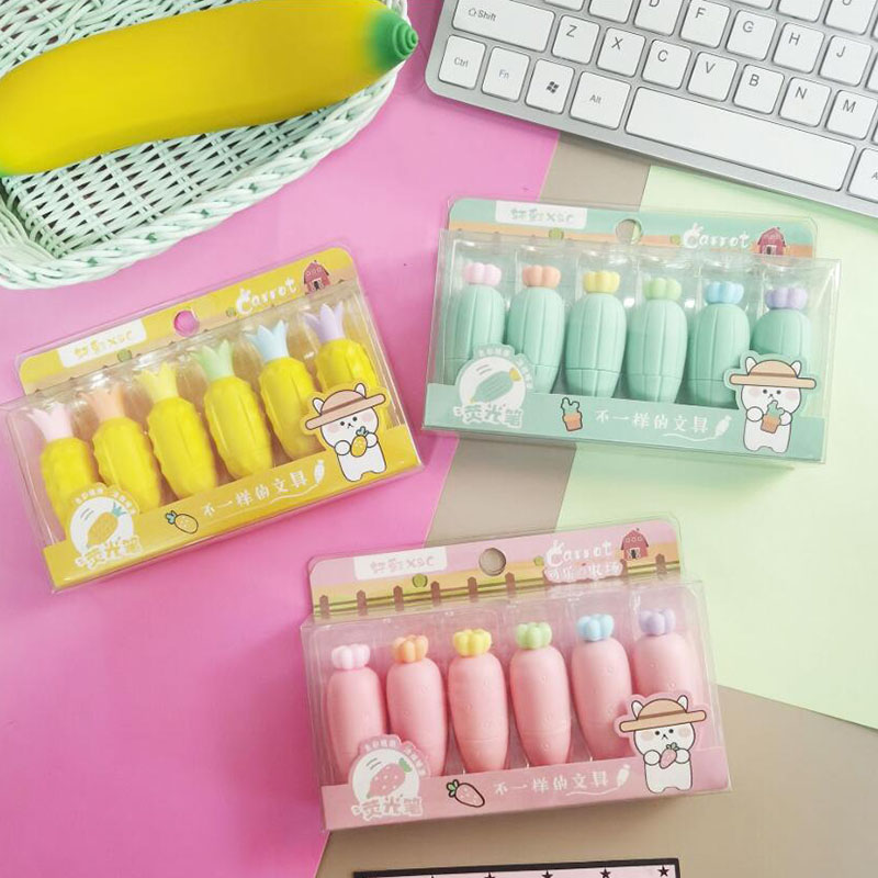 Surligneur carotte Cactus Kawaii, 6 couleurs, peinture, dessin, marqueur d&#39;art, fournitures scolaires, papeterie , 8 boîtes/lot