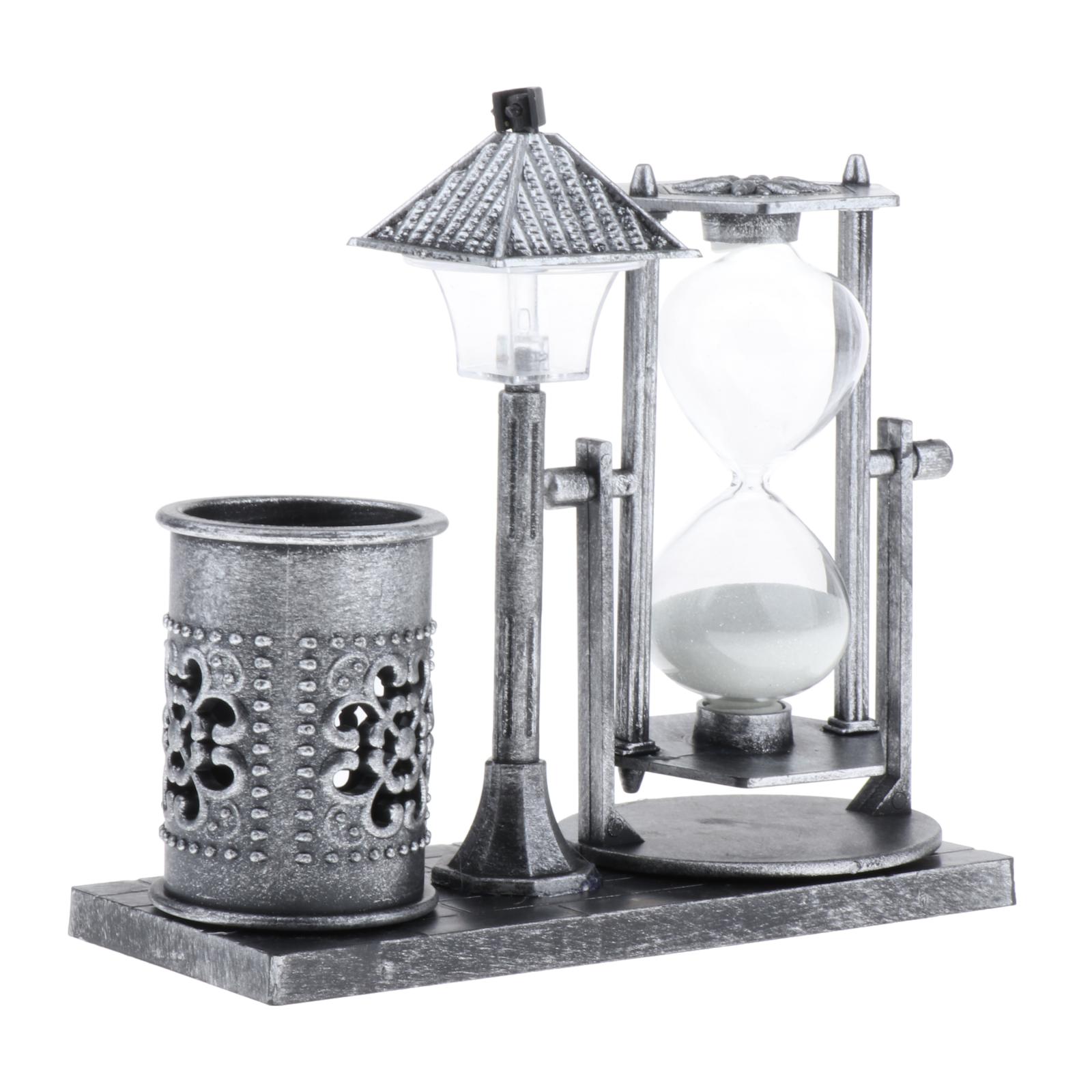 Retro Unique Hourglass Pen Holder with Built-in Light Crafts Glass Sand Timer Ornament for Home Office Decor --14x15.5cm: Silver