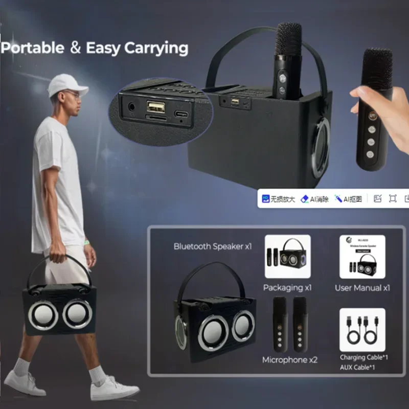 Bärbar bluetooth-högtalare med bas, hi-fi-ljud, trådlös mikrofon för karaoke-hemmafest
