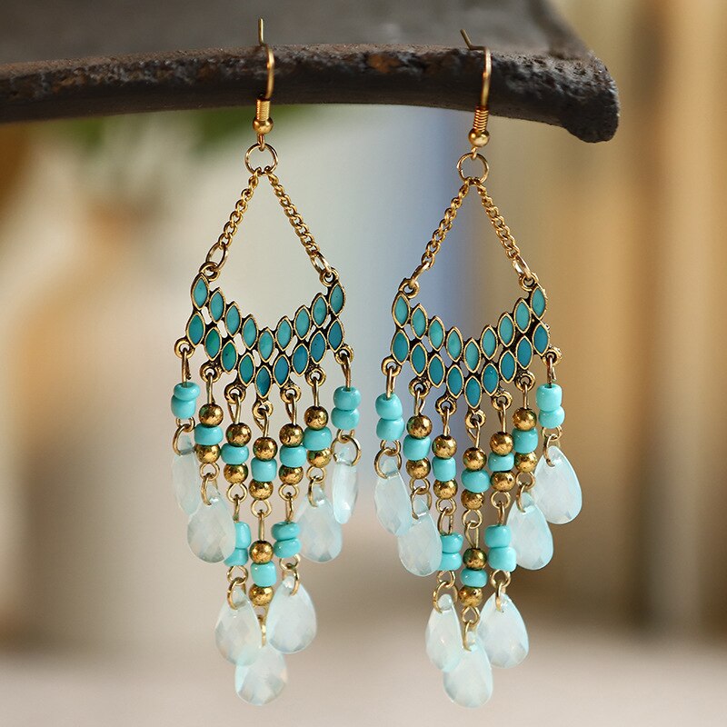 Bohemian Ethnic Flower Ladies Earrings for Women Boho Vintage Alloy Carved Beads Tassel Dangle Earrings Indian Jewelry: E1792-2 Blue