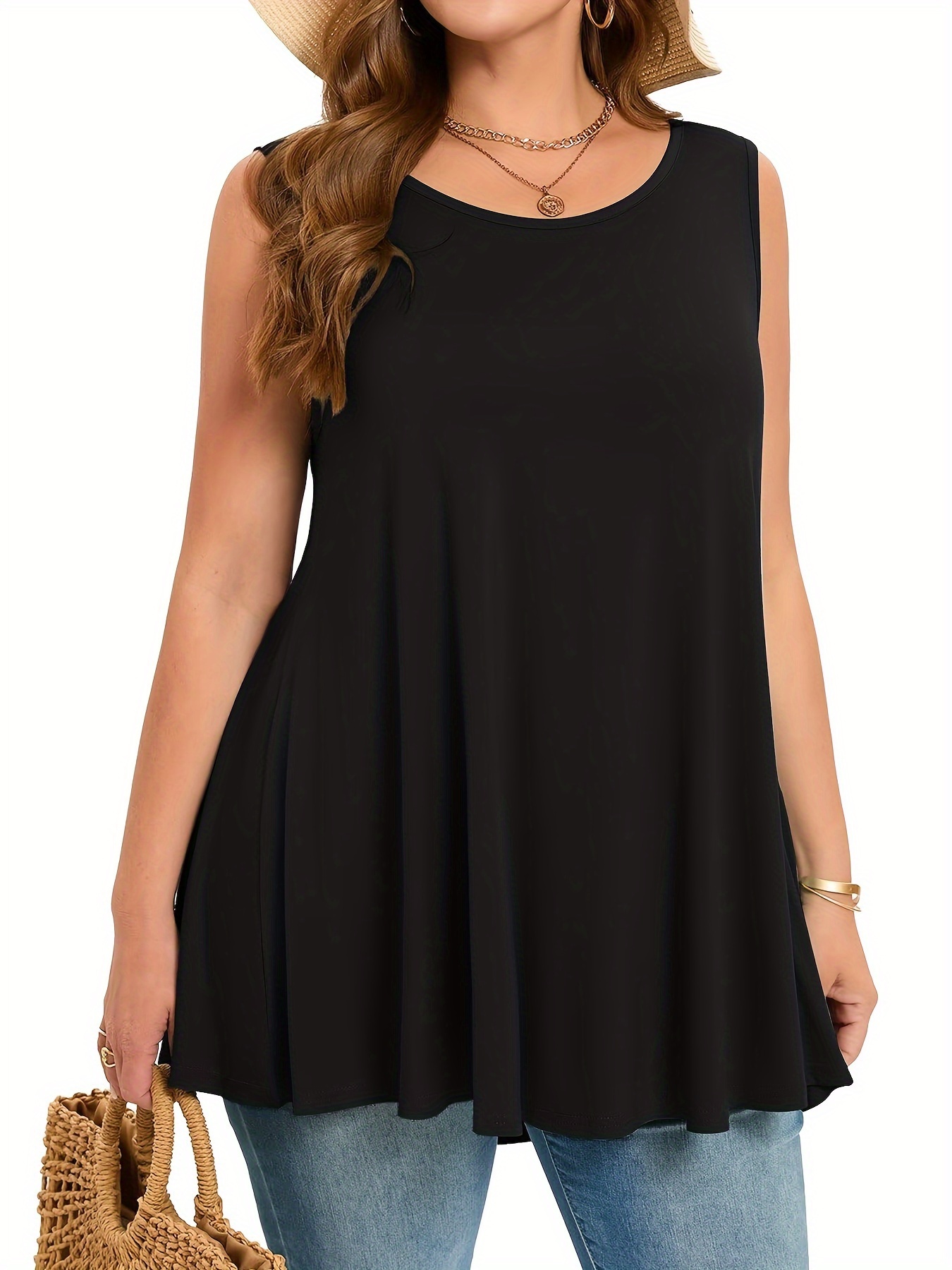 Plus Size Simple Solid Tank Top Casual Crew Neck Sleeveless Tank Top For Summer Women's Plus Size Clothing: 0XL / Dark gray