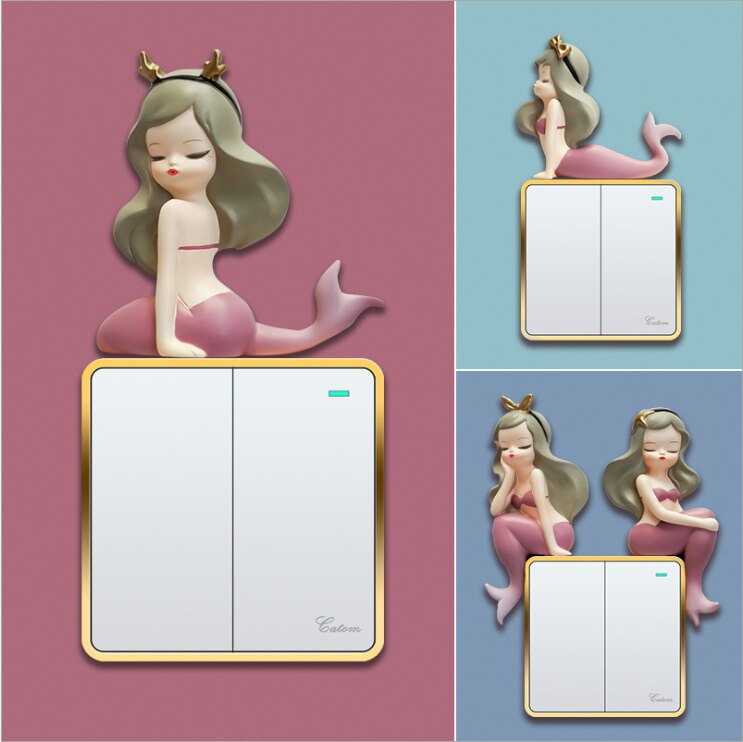 Mooie 3D Mermaid Switch Box Socket Muurstickers Sea-Meid Prinses Babykamer Miniatuur Aquamarijn Woondecoratie Accessoires