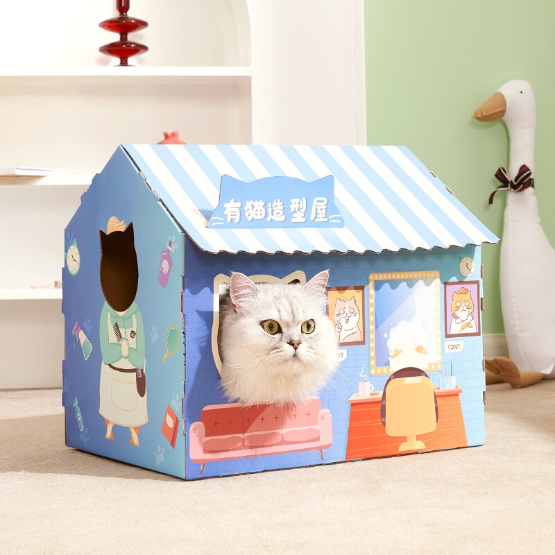Rascador de cartón para gatos, casa de juguete para gatos, poste para gatos, rascador: D