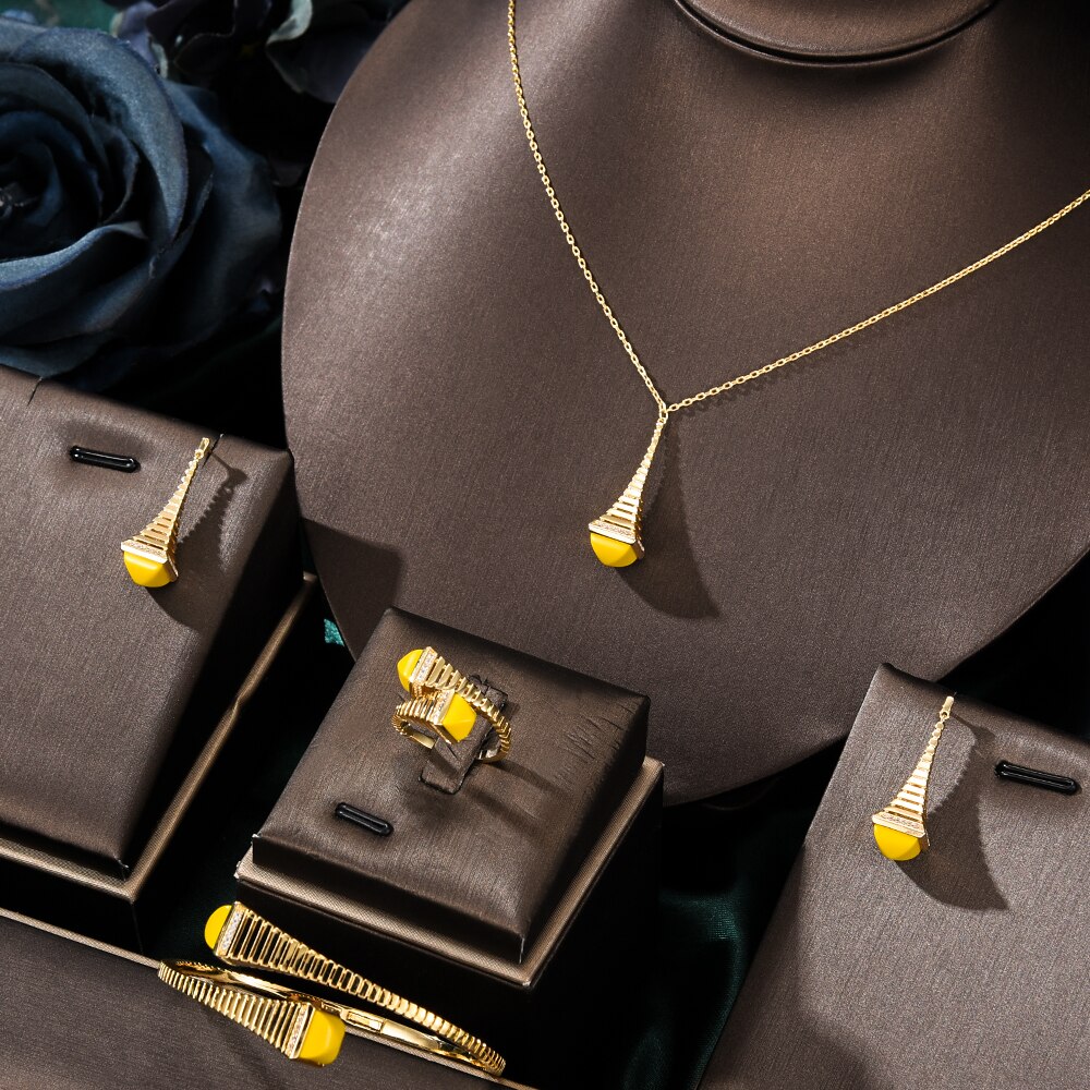 GODKI nowa sława marka 4 sztuk Waterdrop zestawy biżuterii dla kobiet Wedding Party Cubic cyrkon wysokiej klasy Craft Dubai zestaw biżuterii ślubnej: gold Yellow set