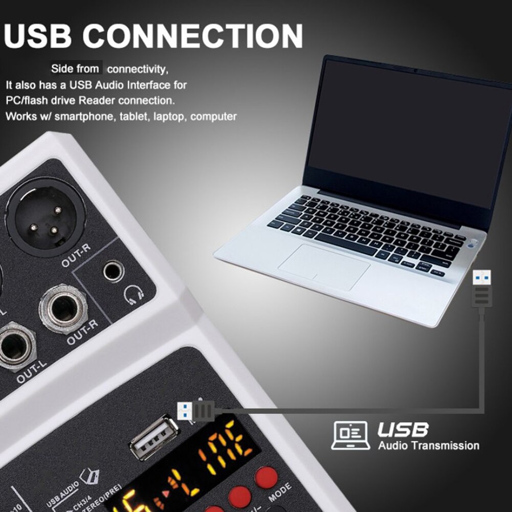 Wireless 4 Channels Audio Sound Mixer Mixing DJ Console USB Interface Sound Card with 48V Phantom Power 16 DSP Effects