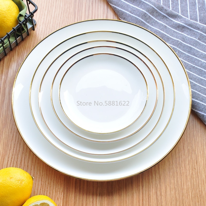 Guldkant keramisk tallerken fad hvid porcelæn service i vestlig stil middagsfade og tallerkener sæt