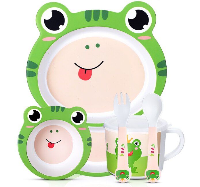 5 unids/set bebé plato niños de dibujos animados de alimentación platos niños Natural de fibra de bambú de vajilla con tazón tenedor Copa cuchara de placa