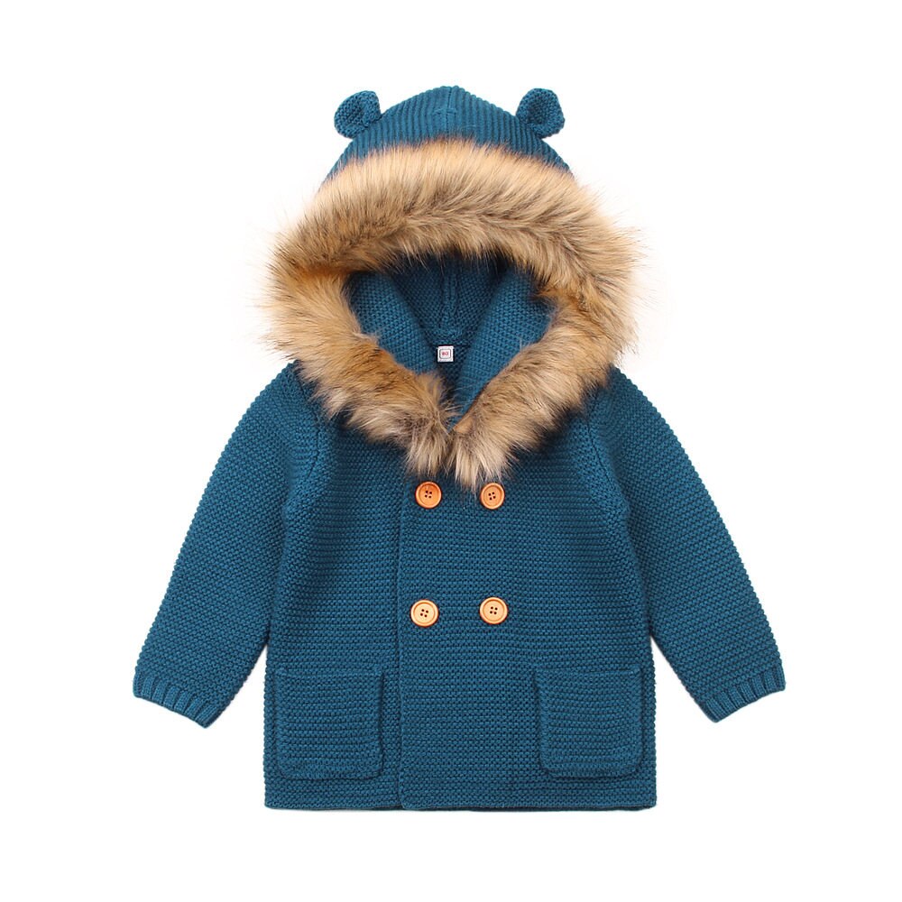 Babykleding kindertruien jongens capuchon bontkraag gebreide jas lange mouwen herfst- en winterjas babymeisje winterjas: Blauw / 6m