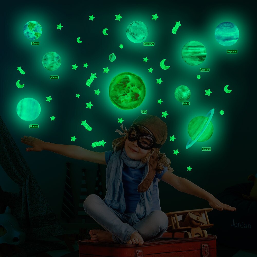Green Light Solar System Planet Luminous Stickers Kids Baby Room Decoration Glowing Stars Decor Decals Glow in the Dark Stickers