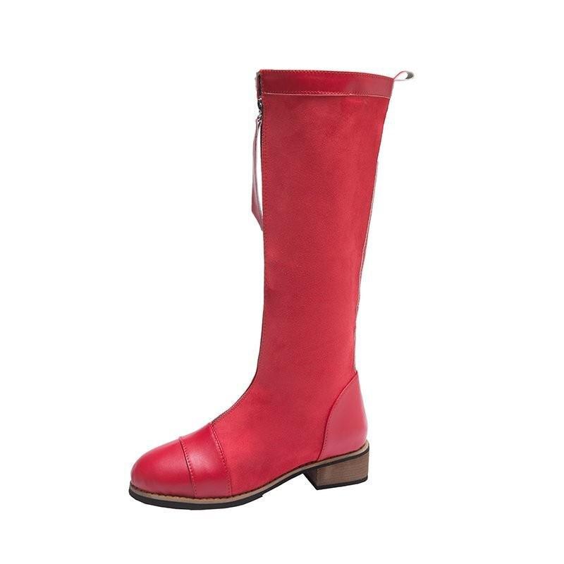 Bottes de créateur en cuir à genoux pour femmes, à bout rond, longues, épaisses, bloc, à talons hauts, noir, Beige: Red / 37